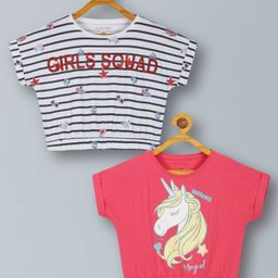 Plum Tree Pack Of 2 Half Sleeves Striped & Unicorn Printed Cotton CropTops - Pink & Off White-picture-34