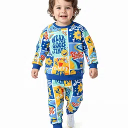 Babyhug Terry Knit Full Sleeves T-Shirt & Joggers Set with Text Print - Blue Yellow & Red-picture-11