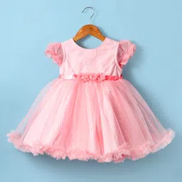 Babyhug Woven Half Puffed Sleeves Fit & Flare Textured Party Dress with Floral Corsage - Pink-picture-15