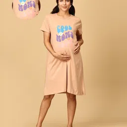 The Mom Store Half Sleeves Cool Mom Club Text Printed Oversized Maternity Dress - Beige-picture-10