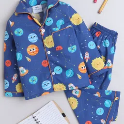 Knitting Doodles Pure Cotton Woven Full Sleeves Space Theme Printed Coordinating Night Suit Set - Blue-picture-17