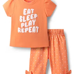 Babyhug Cotton Knit Half Sleeves Capri Night Suit With Polka Dot Print & Bow Applique - Orange-picture-24