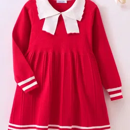 Mark & Mia Viscose Full Sleeves Woolen Dress with Peter Pan Collar - Red-picture-12