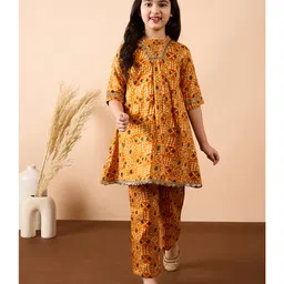 StyloBug Cotton Woven Three Fourth Sleeves Abstract Printed Gota Lace Embellished Kurti Pant Set - Yellow-picture-14