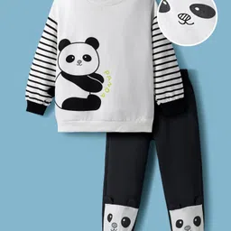 Mark & Mia Full Sleeves Winter Wear T-Shirt & Joggers Set With Stripes & Panda Print - White & Black-picture-28