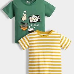 Orange Sugar 100% Cotton Knit Pack Of 2 Half Sleeves Korea Themed Printed & Striped Tees - Green & Yellow-picture-24
