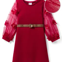 Hola Bonita Girls Knit Full Sleeves Party Dress With Butterfly Applique & Belt - Maroon-image-20