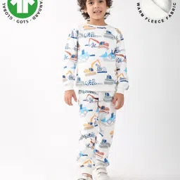 Anthrilo Fleece Knit Full Sleeves Vehicles Printed Coordinating Winter Sweatshirt & Jogger Set - Off White-image-50