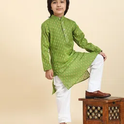 P-MARK Cotton Woven Full Sleeves Abstract Printed Kurta Pyjama Set - Green-picture-27