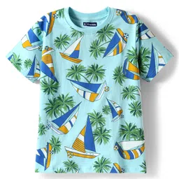 Pine Kids Single Jersey Knit Half Sleeves Shorts Night Suit With Boat & Tree Print - Sea Green image 2