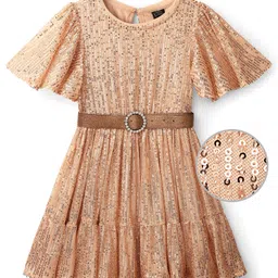 Hola Bonita Knit Half Sleeves Party Dress With Sequin Detailing & Belt - Golden image 2