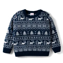 Babyhug Knit Full Sleeves Pullover Sweater Set with Aztec Design - Navy Blue image 2