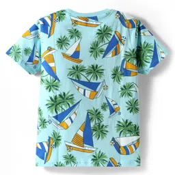 Pine Kids Single Jersey Knit Half Sleeves Shorts Night Suit With Boat & Tree Print - Sea Green image 3