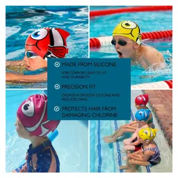 KARBD Fish Design Silicone Swimming Cap for Kids - Open Jaw Silver White image 5