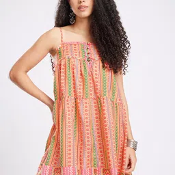 fusion by glitchez Ethnic Motifs Printed Shoulder Stripes Tassels Tiered A-Line Dress-picture-25