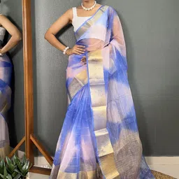 HERE&NOW Tie and Dye Zari Organza Kanjeevaram Saree With unstitched blouse piece-image-23