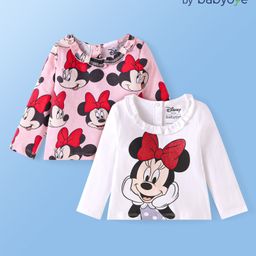 Babyoye Disney Single Jersey Knit Full Sleeves Frills & Kingari Lace Detailing Tops with Minnie Mouse Graphics - White & Pink-picture-15
