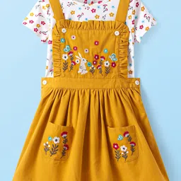 Babyhug Cotton Woven Frock & Half Sleeves Inner Tee With Floral Print & Embroidery - Yellow & White-picture-32