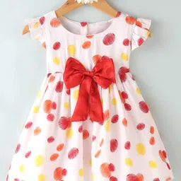 Kookie Kids Woven Frill Sleeves Frocks with Polka Dot Print & Bow Applique - White-image-98