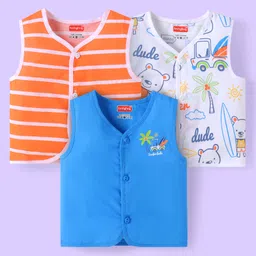 Babyhug 100% Cambric Woven SleevelessFront Open Jhabla with Beach Theme PrintPack of 3 - Blue Coral & White-image-128