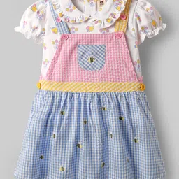 ToffyHouse Cotton Woven Half Sleeves Frock & Peter Pan Collar T-Shirt With Checks & Bee Embroidery - Blue & White-picture-28