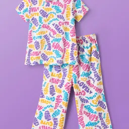 Pine Kids Cotton Knit Half Sleeves Co-ords Capri Night Suit with Text Print - White-picture-20