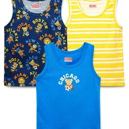 Babyhug 100% Cotton Single Jersey Knit Sando Stripes & Animal Print Pack Of 3 - Yellow Navy Blue & Blue-image-77
