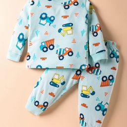 CUCUMBER Sinker Knit Full Sleeves Co-ords Night Suit with Vehicle Print - Aqua Blue-picture-35