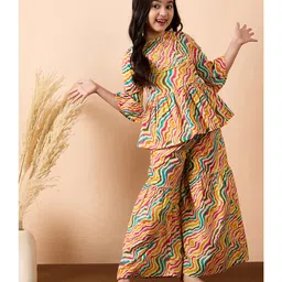StyloBug Cotton Woven Three Fourth Bell Sleeves Leheriya Printed Gota Lace Embellished Kurti Sharara Set - Multi Colour-picture-18