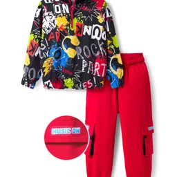 OLLINGTON ST. Cotton Knit Full Sleeves Text Printed Sweatshirt & Knit Joggers Set - Red & Black-picture-13