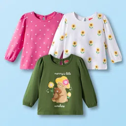 Babyhug 100% Cotton Knit Full Sleeves T-Shirts with Floral Bear & Heart Print Pack of 3 - White Pink & Green-picture-36
