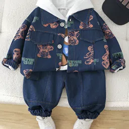 Googo Gaaga Cotton Denim Full Sleeves Teddy Bears Printed Jacket With Jeans & Inner Hooded Tee Set - Navy Blue-picture-18
