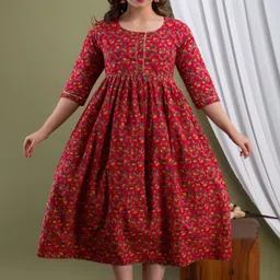 Nevisha Style Floral Printed Round Neck Three-Quarter Sleeves Pure Cotton Ethnic Dress-picture-13