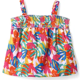 Babyhug Sleeveless Top with Tropical Print & Smock Detailing- Red & White image 3