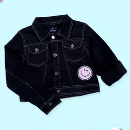 Kiddopanti Denim Woven Full Sleeves Smiley Patch Embroidered & Sequins Embellished Crop Jacket - Black image 4