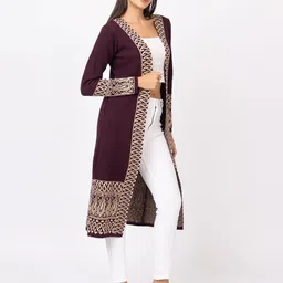Anouk Mauve Ethnic Printed Longline Winter Open Front Shrug image 3