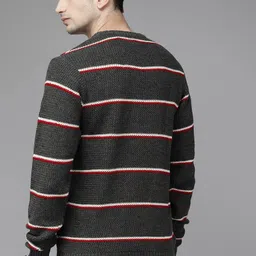Roadster Men Charcoal Grey & Red Striped Acrylic Sweater image 4
