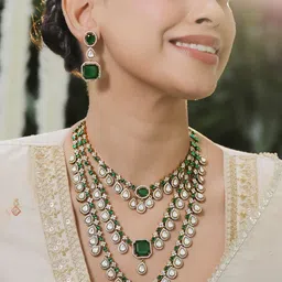 Rubans 24K Gold-Plated Emerald Green & AAA Cubic Zirconia Multi-Layer Bridal Necklace Set-picture-49