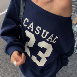 SXV STYLE Typography Printed Off Shoulder Fleece Cotton Pullover Sweatshirt image 4