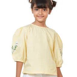 My Milestones Puffed Three Fourth Sleeves Placement Floral Embroidered Top - Lemon Yellow-picture-10