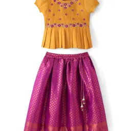 Babyhug Woven Short Sleeves Pattu Pavada Lehenga Choli Set with Floral Embroidery - Fuschia-picture-21