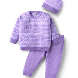 Babyhug Knit Full Sleeves Sweater Set with Cap Aztec Design - Lilac-picture-17