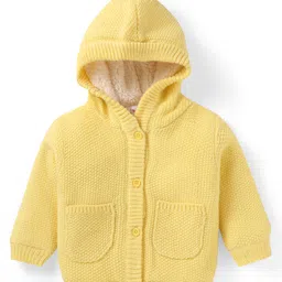 Babyhug Knit Full Sleeves Solid Colour Hooded Front Open Sweater With Pockets - Yellow-image-10