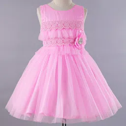 Enfance Sleeveless Lace Embellished Floral Applique Flared Party Wear Dress - Baby Pink-image-93