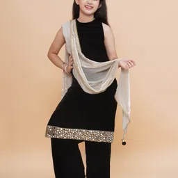 Piccolo Sleeveless Mirror Work Detailed Kurta & Pant With Lace Embellished Dupatta Set - Black-picture-36
