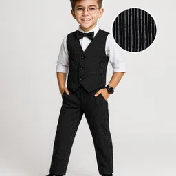 Mark & Mia Cotton Woven Full Sleeves Striped 3 Piece Party Suit With Bow - Black & White-image-84