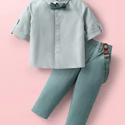 Mark & Mia Cotton Woven Full Sleeves Striped Party Shirt & Trouser with Bow & Suspender - Teal Blue-picture-16