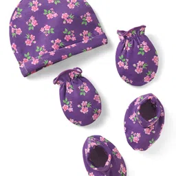Babyhug 100% Cotton Knit Cap Mittens & Booties Set with Floral Print Purple - Diameter 10 cm-picture-31