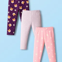 Babyhug Cotton Lycra Knit Full Length Leggings With Animal Floral & Polka Dot Print Pack of 3 - Purple Pink & Lavender-image-39