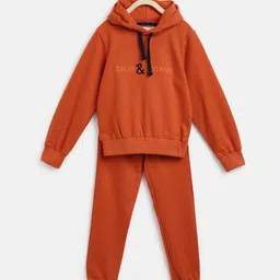 Tales & Stories Woven Full Sleeves Brand Name Embroidered Hooded Light Winter Sweatshirt & Track Pants Set - Rust Orange-picture-28